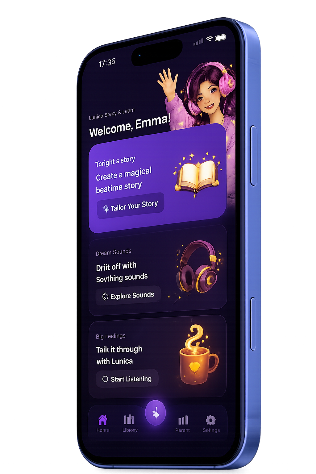 Lunica app home screen welcoming the child